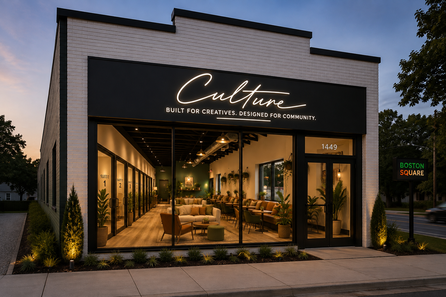 The Culture storefront lit up at dusk